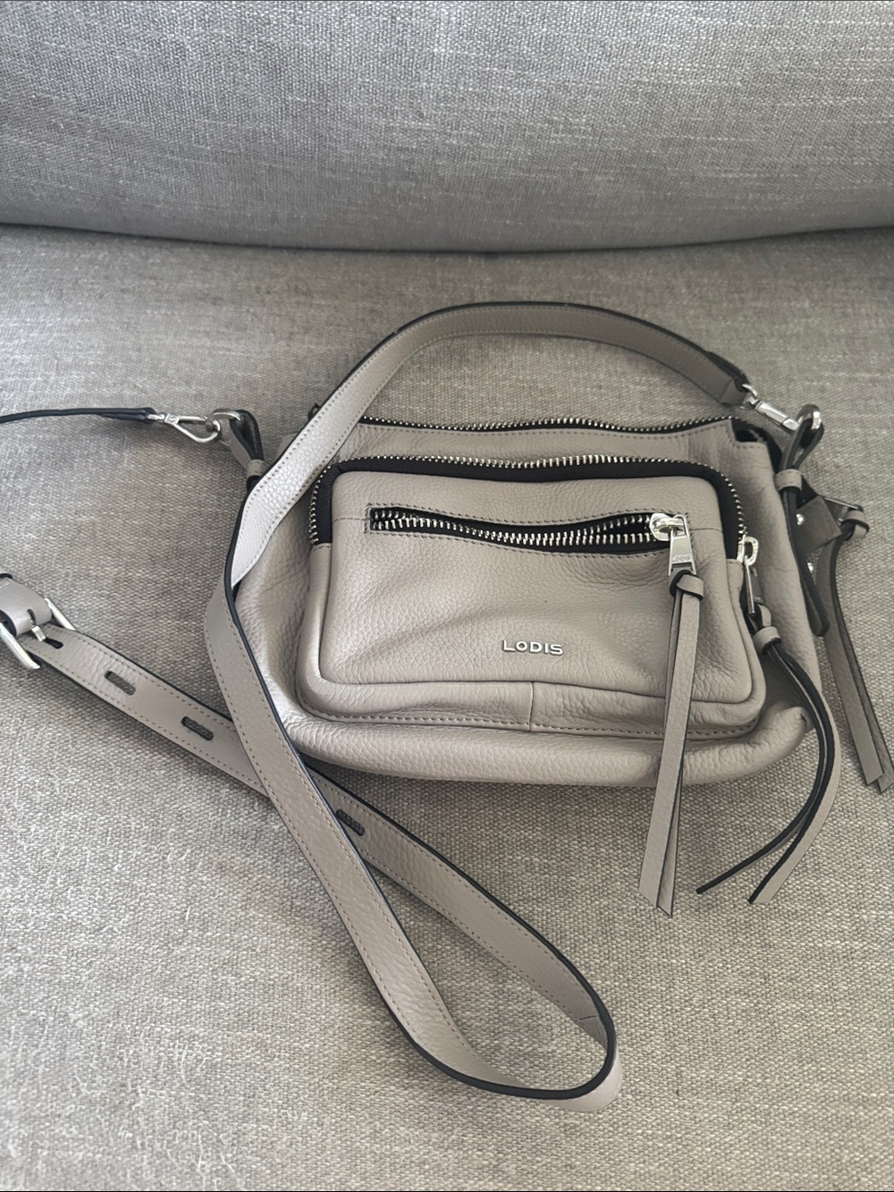 Lodis Pebbled Leather Crossbody Bag in Gray with Black Trim